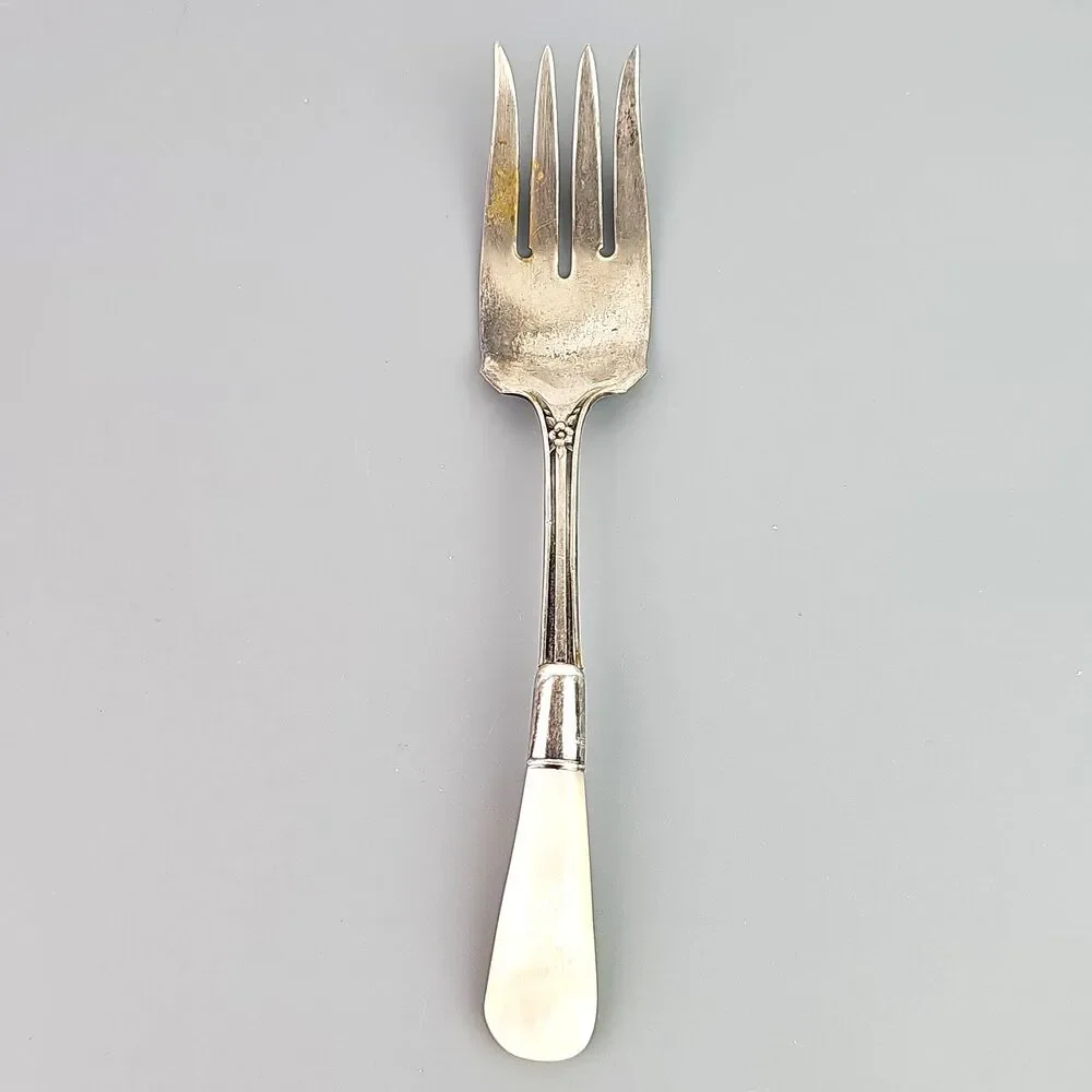Sheffield Mother of Pearl Shell Handle Silver Plate Cold Meat Serving Fork 8.5in